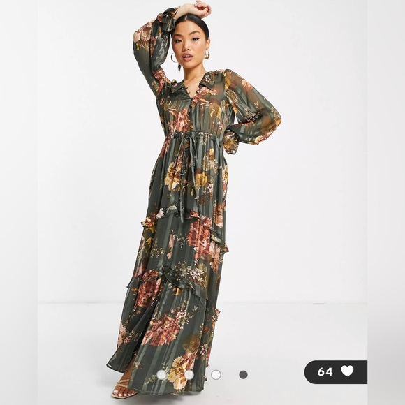 ASOS DESIGN chiffon floral green tiered maxi dress with tie front in satin NWT - Picture 4 of 4